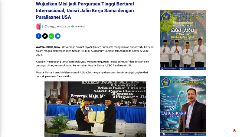Wujudkan Misi jadi Perguruan Tinggi Bertaraf Internasional, Unisri Jalin Kerja Sama dengan Parallaxnet USA